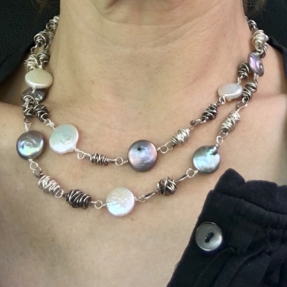 Montara: silver bead & freshwater pearl necklace